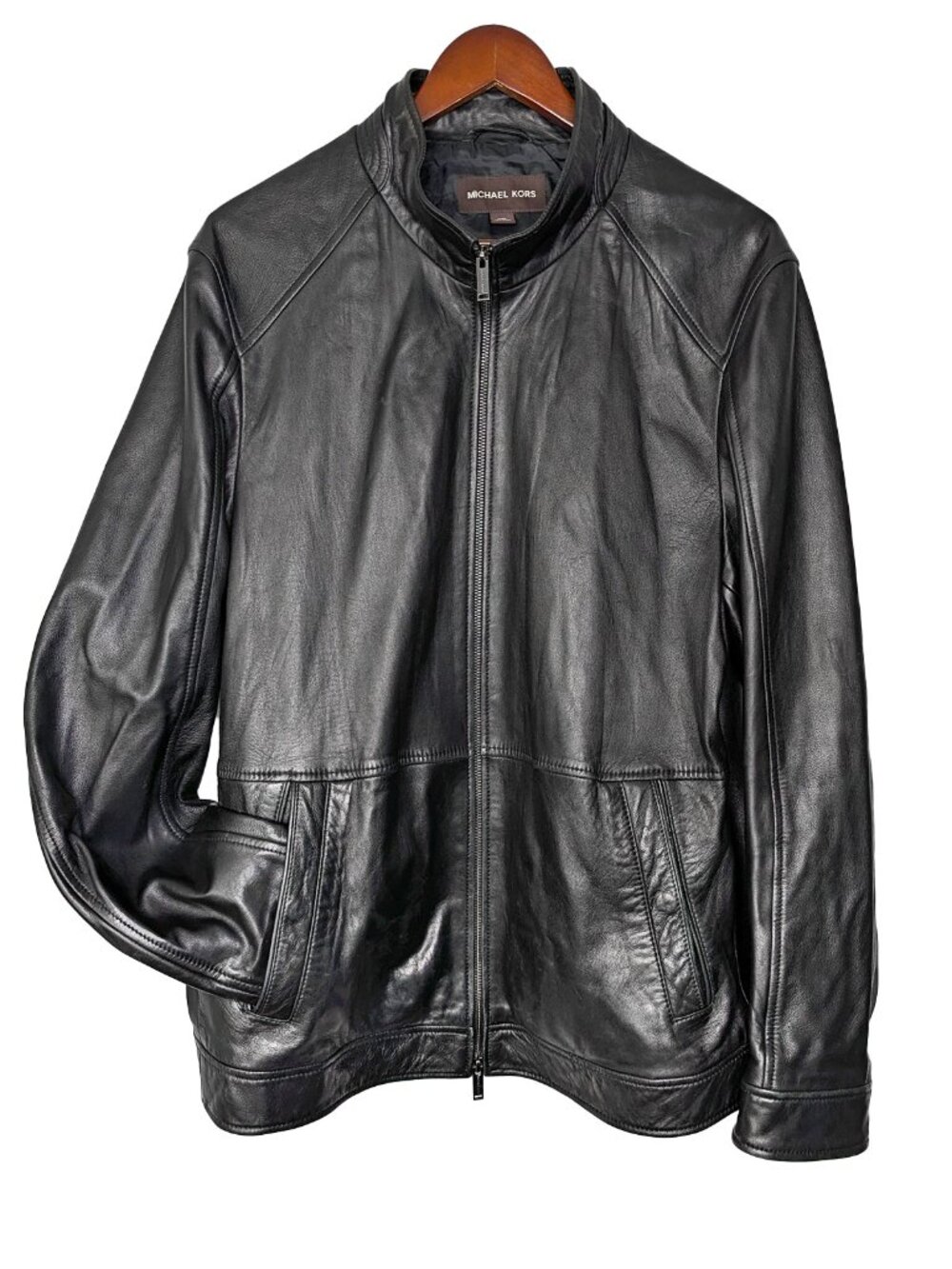 Michael Kors Mens Black Lambskin Leather Moto Jacket Full Zip Stand Collar XXL